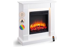BALDERIA Chimenea eléctrica de pie Ladina | Efecto de Llama 3D | Calentador, Calefacción 2000 W | Iluminación Ambiental LED | Mando a Distancia, Temporizador y termostato | Blanco