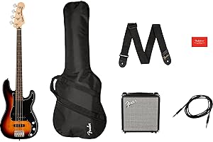 Squier by Fender Affinity Precision Bass Pack, Sunburst, PJ Pickup, Rumble 15 Amp, Gig Bag, Strap, Instrument Cable, 3-Month Fender Play Online Lessons