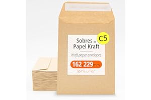 Sobres de Papel Kraft, Sobres para Documentos, Regalos, Invitaciones de Boda y Envíos, Bolsas de Papel Resistentes, Versátiles para Todas las Ocasiones, Tamaño C5 - Ofituria (162x229, 50 uds)