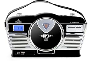 AUNA RCD-70 - Radio VHF, Design rétro, Look Nostalgie, Port USB Compatible MP3, Lecteur CD / MP3 à Chargement Frontal, Lecture programmable, Lecture aléatoire, écran LCD, Sortie Casque, Noir