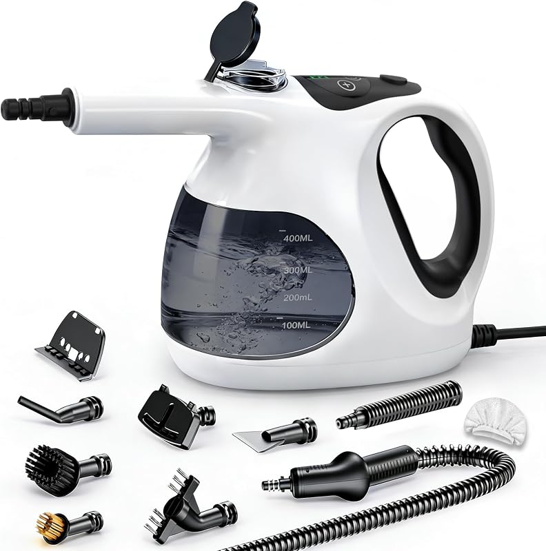 Holilo Pulitore a Vapore Portatile, Calore Istantaneo 5 Secondi, 400 ml Serbatoio Trasparente, Facile Riempire, Solo 0.92 kg, 10 Accessori, Multiuso Pressurizzato Pulitore Steam Cleaner Casa