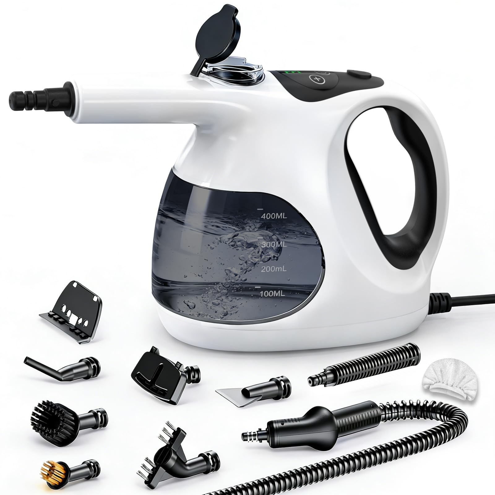 Holilo Pulitore a Vapore Portatile, Calore Istantaneo 5 Secondi, 400 ml Serbatoio Trasparente, Facile Riempire, Solo 0.92 kg, 10 Accessori, Multiuso Pressurizzato Pulitore Steam Cleaner Casa - 1