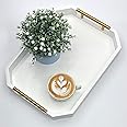 NAMRA Art Serving Tray with Polished Metal Handles, Hexagon Coffee Table Tray, Modern Rectangle Decorative Tray, Large Ottoman Tray, Perfect for Storage and Display (Rectangular,White, 40x25)