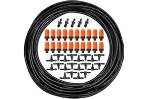 CTRICALVER Système d'irrigation Jardin, kit arrosage goutte à goutte, 10 m de tuyau d'irrigation goutte à goutte 1/4" avec 20 pcs buse arrosage, 20 pcs raccords en T et 5 pcs bouchons d'extrémité