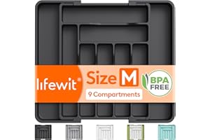 Lifewit Expandable Cutlery Drawer Organiser, Adjustable Cutlery Tray, 9 Compartment, Utensil Holder for Forks, Spoons, Knives, Plastic Kitchen Organiser and Storage, Black