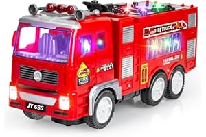 YNANIMERY Toddler Fire Engine Truck Toys, Large Fire Truck Toy for 3 4 5 6 Year Olds, Bump and Go Firetruck with Flashing 4D Lights & Real Siren Sounds, Rescue Car Toys Gifts for Kids 3-8 Boys Girls