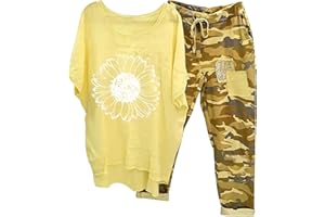 CHNNAMZU Ensemble Lin Femme été 2 Pièces Ensemble De VêTements Fluide Col Rond Imprimé T-Shirt Manches 3/4 + Pantalon Large Taille Haute D'IntéRieur Jogging Chic Grande Taille Casual Tenue De Sport