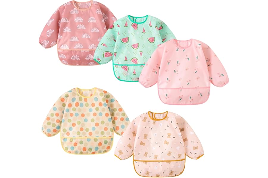 Yunguui 5 Pcs Baby Bibs with Sleeves,Waterproof Weaning Bib,Toddler Apron 3-30 Months