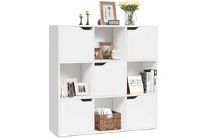 KOMFOTTEU Libreria a 9 Cubi con 5 Ante, Armadietto Libreria con Chiusura Magnetica, Mobiletto Armadietto Scaffale, 90 x 29 x 90 cm (Bianco)