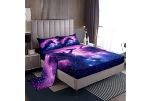Loussiesd Juego de sábanas de tamaño individual con diseño de unicornio, color morado y azul, 100 % microfibra, bolsillos profundos, 3 piezas, 1 sábana bajera y 1 funda de almohada