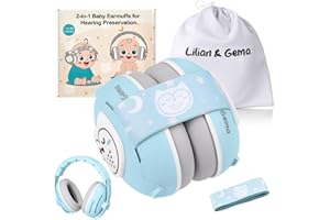 Lilian&Gema 2 en 1 Cascos Bebe Antiruido-Protectores auditivos para bebés,Diadema Ajustable, Antideslizante y sin Presión.Protección auditiva ideal para bebés de hasta 48 meses de edad