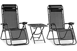 Serenelife Set de 2 Chaises Longues - Chaises Pliantes pour Extérieur avec Table Latérale, Porte-Gobelets, Oreillers Amovibles - Patio, Jardin, Plage - Noir