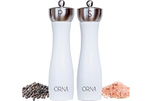 ORNA THE SOUL OF YOUR HOME ORNA Salt and Pepper Grinder Set Wooden Pack of 2 – Refillable Adjustable Coarseness Manual Spice Mill Set in Gift Box – 8.5 in / 21.5 cm – White