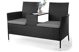 TLSUNNY Banc de Jardin en Rotin, Banc 2 Places avec Table Intégrée et Coussins Assise, 130 X 56 X 83 cm, Banquette en Rotin pour Jardin et Balcon, Canapé de Jardin Stables, Salon de Jardin, salon balcon, Noir