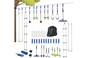 AIYAPLAY Zip Line Kit for Kids, 10-Piece Outdoor Obstacle Course for Kids, 10m Kids Slackline Kit with Monkey Bars, Swing, Climbing Ladder, Hanging Tray, Metal Rings, Gripping Balls, Multicoloured