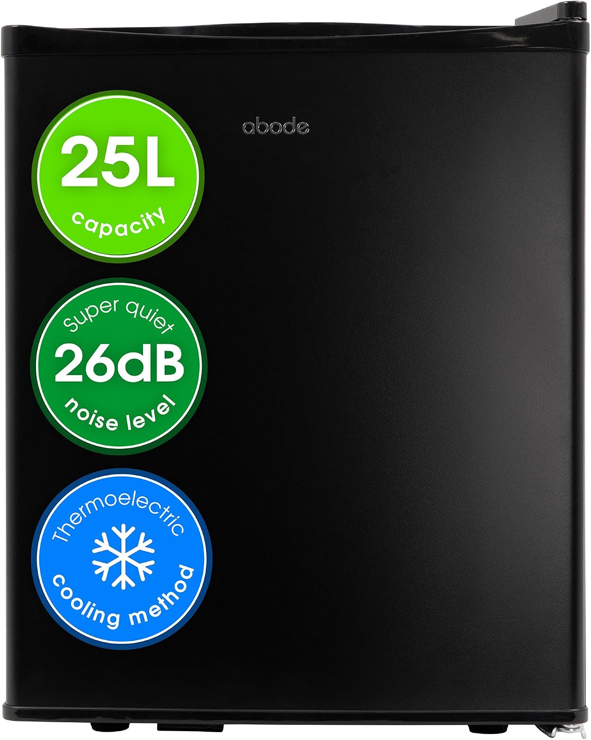 Abode Quiet Mini Cooler 25L Thermoelectric for Drinks with Adjustable Thermostat, Portable in Black, Compact For Bedroom, Home, Caravan with Reversible Door A25THBC102B