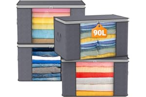 KALAHOL 90L Large Capacity Clothes Storage Bags with Zips, Storage Boxes with Lids, Reinforced Handle, Foldable, Thick Fabric, for Comforters, Clothes, Blankets, Bedding, 4 Pack, Dark Grey