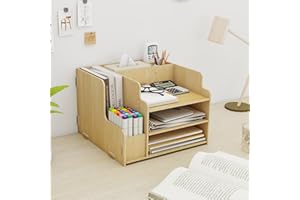 PUNCIA 3 Tiers Office Wood Desk Organizer Letter Tray A4 Paper Sorter Magazine File Holder with Vertical Horizontal Stationery Supplies Storage Box Desktop Binder Folder Mail Document Rack