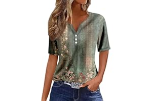 KANPOLA DAMEN SWEATSHIRTS Kanpola Bluse Damen Elegant V-Ausschnitt T-Shirt Mode Bunte Drucken Lose Kurzarm Sommeroberteile Knopfleiste Tunika Tops Frauen Hemdbluse Freizeit Strand Oberteile Sommershirts
