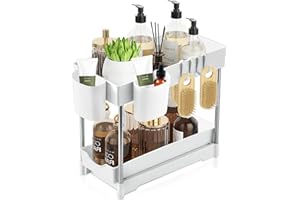 HUANMIN Unter Waschbecken Regal 2 Etagen, Herausziehbarer Spülschrankregal, Aufbewahrung Unter der Spüle mit 4 Haken&2 Tasse für Badezimmer-Küchen-Arbeitsplatte Regal Organizer