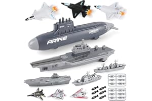 deAO Lot de 19 Jouet Porte-Avions,Navire Militaire,Ensemble de Jeu avec des Modèles Réduits D'avions,Avions de Chasse, Cuirassé,Armée Hommes Jouets pour Enfants Cadeau