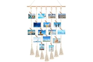 HIQIKU Foto Hängendes Makramee - Wandbehang Fotowand Bilderrahmen Collage Fotovorhang Wandteppich Fotowand mit 30 Holzclips und 1 spurlosen Nägeln Boho Deko für Wohnkultur, Schlafzimmer