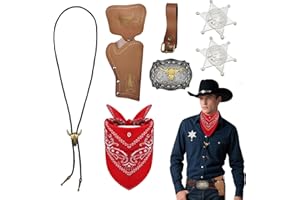 SAIIURV 7 Pièces Cowboy Costume Accessoires Set, Western Cowboy Cosplay Costume Set avec Bandana Etui Ceinture Boucle Bolo Cravate Collier Badge, Déguisement pour Adulte Hippie Carnaval