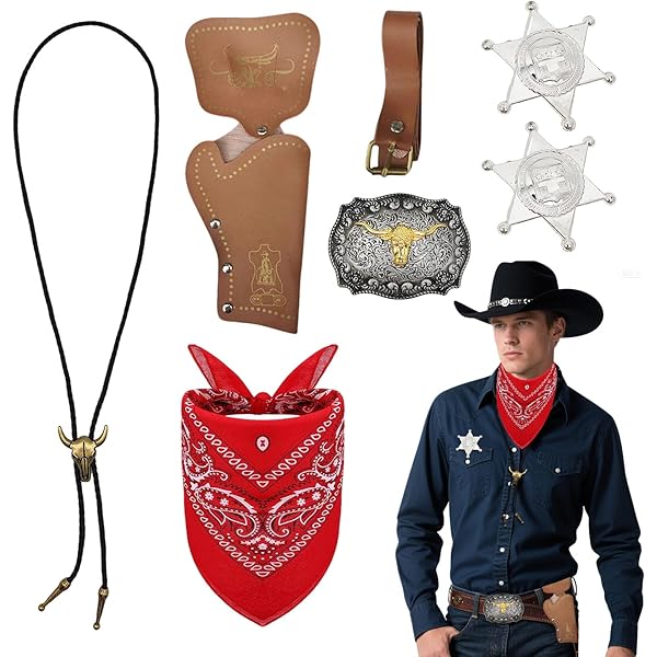 Saier Tbo Lot De 7 Accessoires De Cowboy Pour Homme - Costume De Cowboy Occidental Avec Chapeau, Gilet à Pompons, Paisley, Bandana, Boucle Bolo, Ceinture, Holster Pour Carnaval, Fantaisie, Cosplay