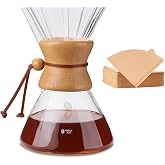Polydremio High Temperature Borosilicate Glass Coffee Maker with 100 Sheets of Paper Filters, Wooden Necklace and Leather Rop