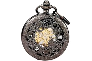 BOSHIYA Pocket Watch Vintage Mechanical Luminous Steampunk Skeleton Roman Numberals Hand Wind Up Pocket Watches with Chain for Men & Gift Box