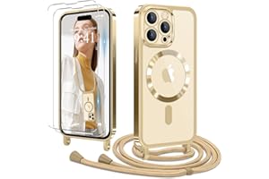 Ethanger Handykette für iPhone 14 Pro Hülle mit Band + 2 Stück Glas Schutzfolie Transparent Silikon Handyhülle Magnetische Schutzhülle für iPhone 14 Pro Gold