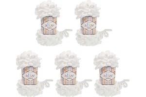 5 x 100 Gramm Strickwolle Alize Puffy, 500 Gramm Fingerstrick - Wolle super bulky, Schlaufenwolle, Stricken ohne Nadel (weiß 55)