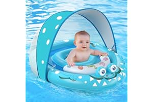 URMYWO Salvagente per bambini con protezione solare rimovibile UPF50+, isola gonfiabile per piscina per bambini da 6 a 12 – 24 mesi, galleggiante durevole con sedile regolabile, extra largo (Blu)