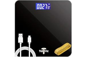 TEKTRIC Digital Bathroom Scales for Body Weight, Rechargeable Weighing Scales in KG/LB, Weight Scales for People, Weight Machine Digital Electronic Bath Body Scales with USB Charging Cable, Body Tape