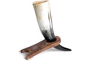 Norse Tradesman Véritable Corne de Bœuf Viking Corne à Boire avec Support en Bois Massif Gravé avec Marteau de Thor | Sac cadeau en toile de jute inclus | The Mjolnir, Poli, 30 cm