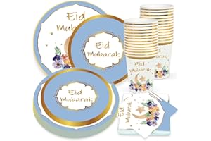 BDECOLL Ensemble de vaisselle de luxe Eid Mubarak en or blanc pour décoration de table Ramadan Mubarak Musulman Ramadan Assiettes à dessert Serviettes Aïd pour fête Ramadan