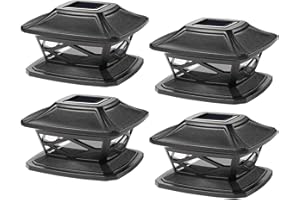 Greenfields Pack of 4 Solar LED Post Lights - Outdoor Garden IP65 Waterproof Square Landscape Black Post Cap - Solar Powered Lamp for Patio Fence Deck Fits 4x4, 5x5, 6x6 Inch Wooden Posts