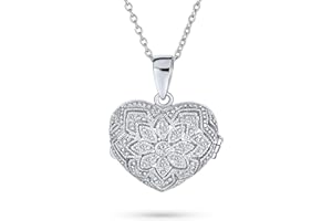 BLING JEWELRY Vintage Style Filigree Flower Aromatherapy Essential Oil Perfume Diffuser Keepsake Photo Heart Shape Locket Pendant Necklace For Women Teens .925 Sterling Silver