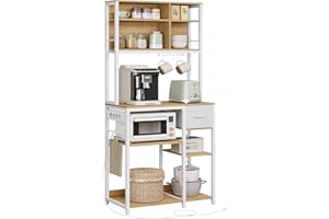 VASAGLE Estantería de Cocina con Multienchufe, Armario de Cocina, 40 x 80 x 180,4 cm, Estante de Microondas, Cajón de Tela, 12 Ganchos, Roble Dorado y Blanco Nube KKS015Y02