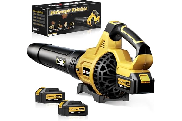 GEVEELIFE Souffleur électrique 20 V 257 km/h avec 3 Vitesses et 2 Batteries de 5,0 Ah pour Jardin, Feuilles, poussière et Neige (Batterie Incluse), Jaune