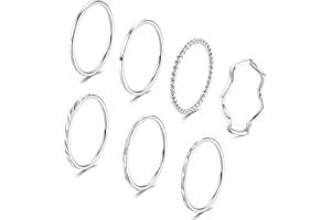 JeweBella 7 Stück Silber Ringe für Damen - Edelstahl 1MM Plain Dünn Midi Fingerring Minimalistisch Daumenring Set Stapelbar Knuckle Einfaches Twist für Frauen