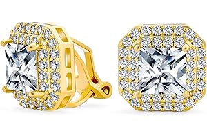 BLING JEWELRY Bijoux de Mariée Style Art Déco Simulé Émeraude Verte Cubic Zirconia Pavé Baguette Halo AAA CZ Carré Grand Ovale Clip Sur Boucles d'Oreilles Pour Femmes Mariage Jaune 14K Or Plaqué Argent