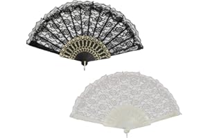 QERICH 2Pcs Hand Fan Folding,Vintage Style Lace Handheld Foldable Women Spanish Fans Summer festival Gifting for Dress Up Costume Rave Party,Dance Decorative,Bride Wedding,Halloween Decoration(white+black)