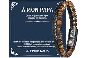 TEMPBEAU Bracelets Hommes Papa Cuir Perles : 21cm Noir Cuir de Génie Naturelle Perle oeil Tigre Je t'iame Bracelet Grandes idées de cadeaux pour le père de l'homme papa