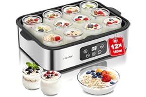 ‎FOHERE FOHERE Joghurtbereiter 25W inkl. 12 Glasbehälter à 180 ml für bis 2,16L Selbstgemachten Joghurt, Griechischer Joghurtmaschine mit Temperatur und Timer, LCD Display, Abschaltautomatik, BPA-frei