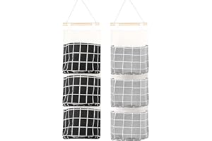 SALADOCY 2 Pcs Bolsa De Alamcenamiento Colgante, Bolsa De Almacenamiento Colgante De Lino, con 3 Bolsillos, para Dormitorio, Baño, Cocina, Oficina(Negro y Gris)