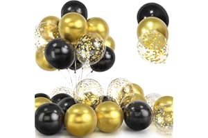 YOYOIN 30Pcs Palloncini Oro e Nero, 12 Pollici Metallizzato Cromati Oro Confetti Palloncini, Lattice Elio Nero Palloncini con Nastroper Compleanno Matrimonio Bambini Baby Shower Feste Decorazioni