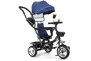 DDMINE Tricycle Bébé Évolutif 4 en 1, Tricycle Bébé Évolutif avec Poignée de Poussée Réglable, Canne, Cloche et Rétroviseurs, Harnais de Sécurité 9 Mois à 5 Ans, Velo Bebe (Bleu)