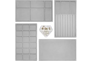 LucyStudio Vassoi per Gioielli Organizer in Velluto 4 in 1 Vassoi portaoggetti Impilabili Grigio Organizzatore per Cassetti per Bracciali Orecchini Bracciali Anelli Espositore