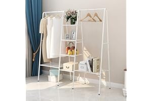 DUMEE Garment Rack Metal Clothing Racks with 4-Tiers 6 Shelf Shoe Rack 2 top crossbars Overhead Bar for Hanging Clothes Coat Hat Rack and Storage Metal Stable Easy to Assemble Adds Closet Space White